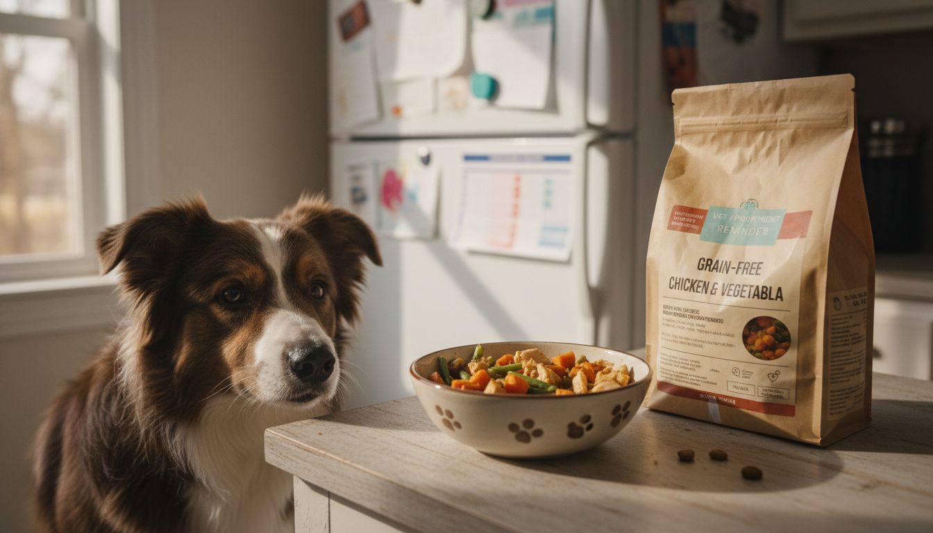 Grain-free diabetic dog food on countertop