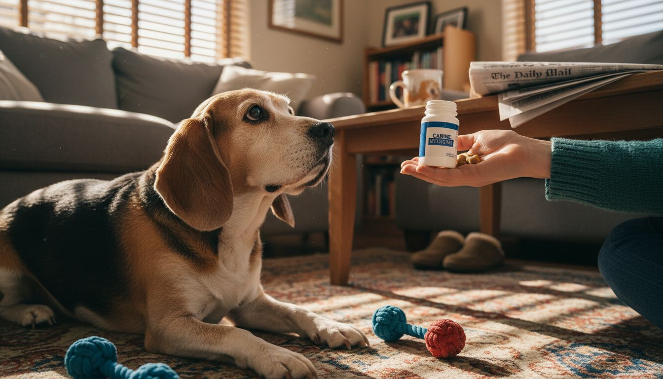 Owner holding treats and medication by dog