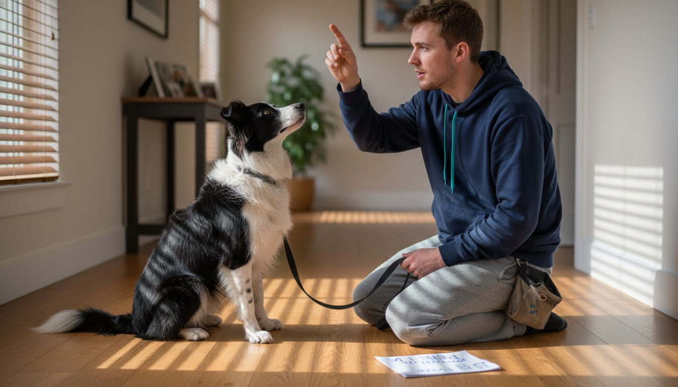 Man teaching border collie basic commands