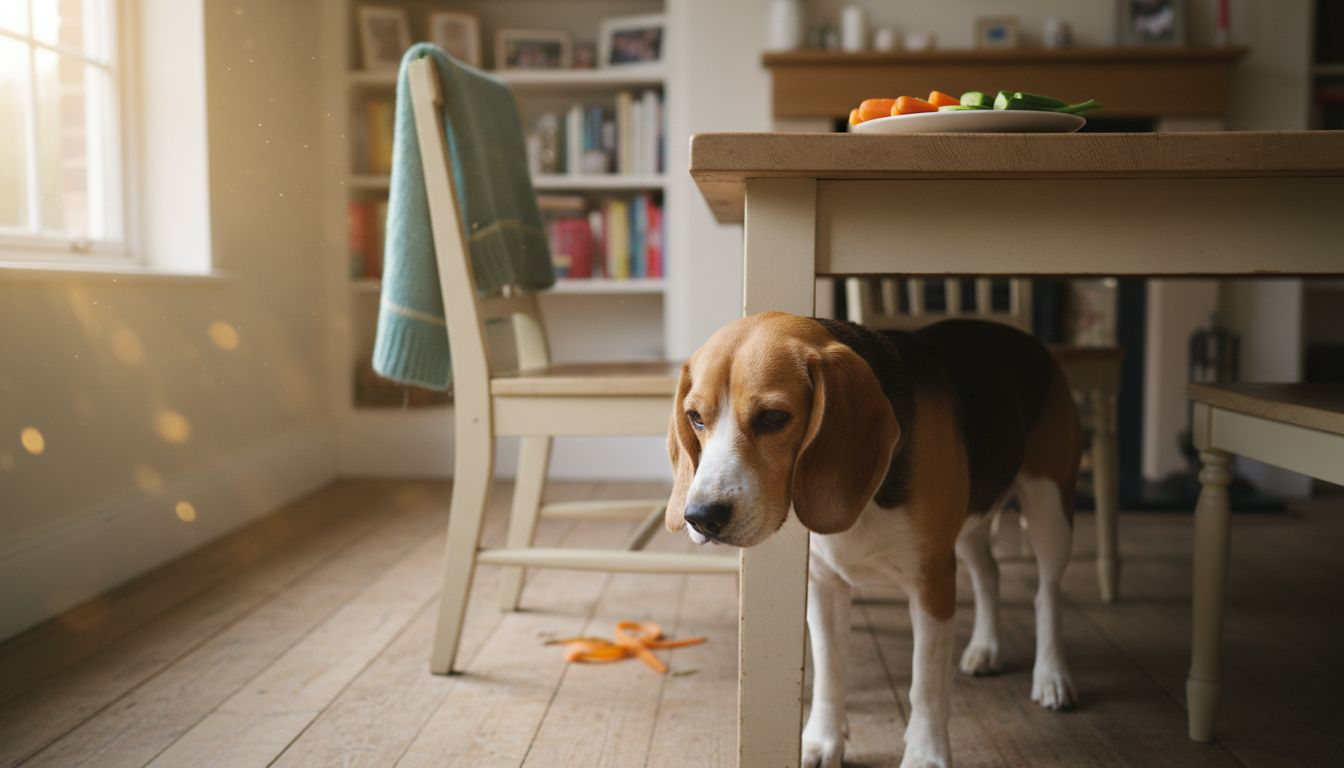 Beagle sniffing plate of cut raw vegetables