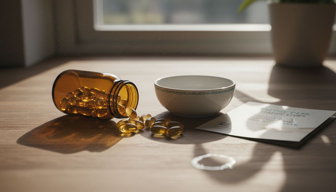 Omega capsules beside a dog bowl
