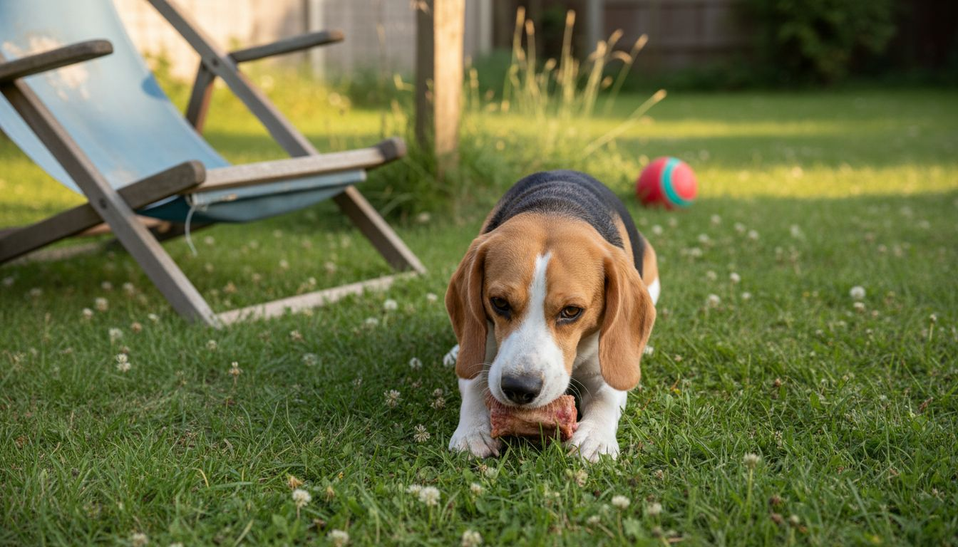 Beagle investigating raw bone in garden