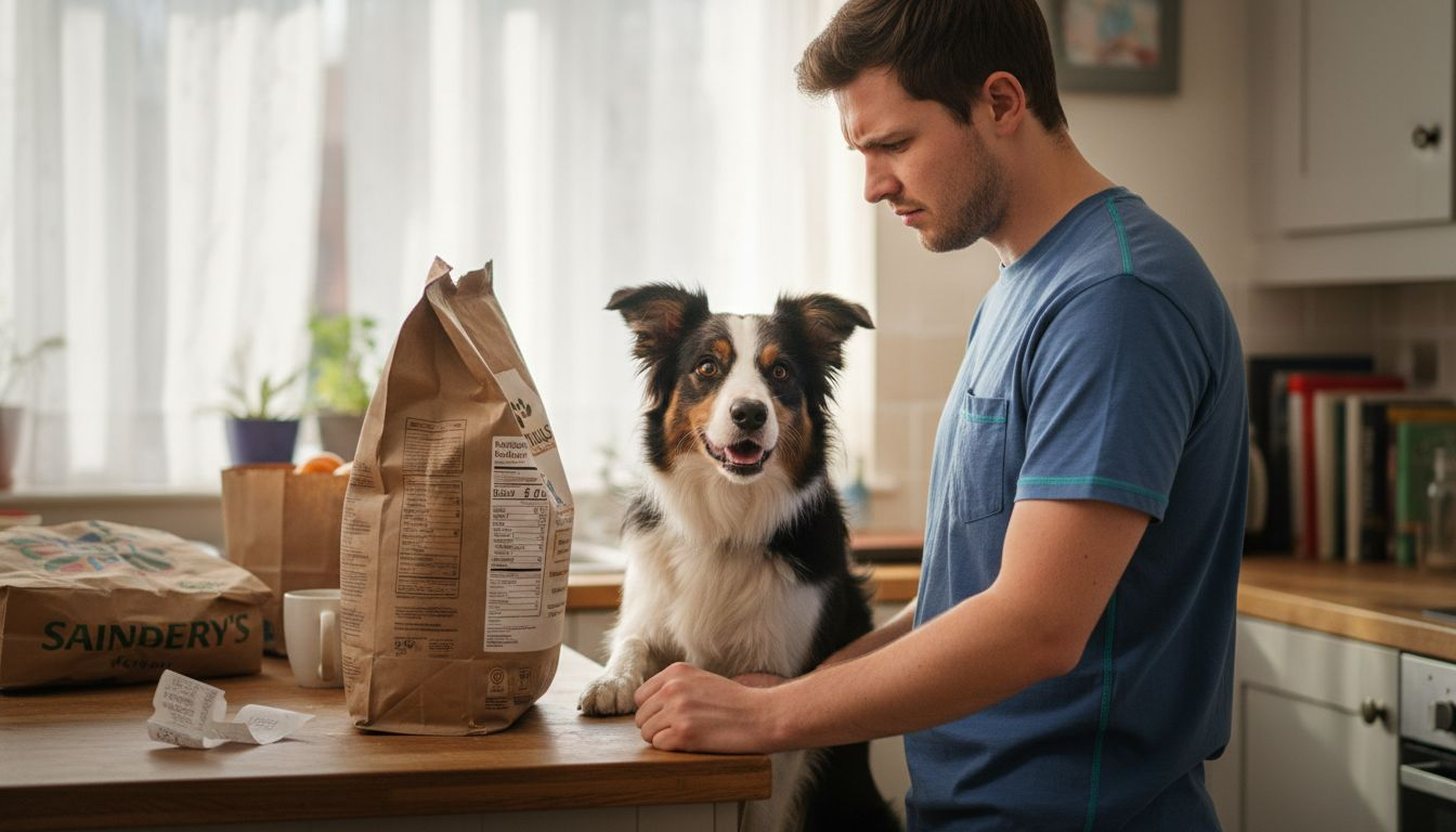 Man checking dog food label for allergens