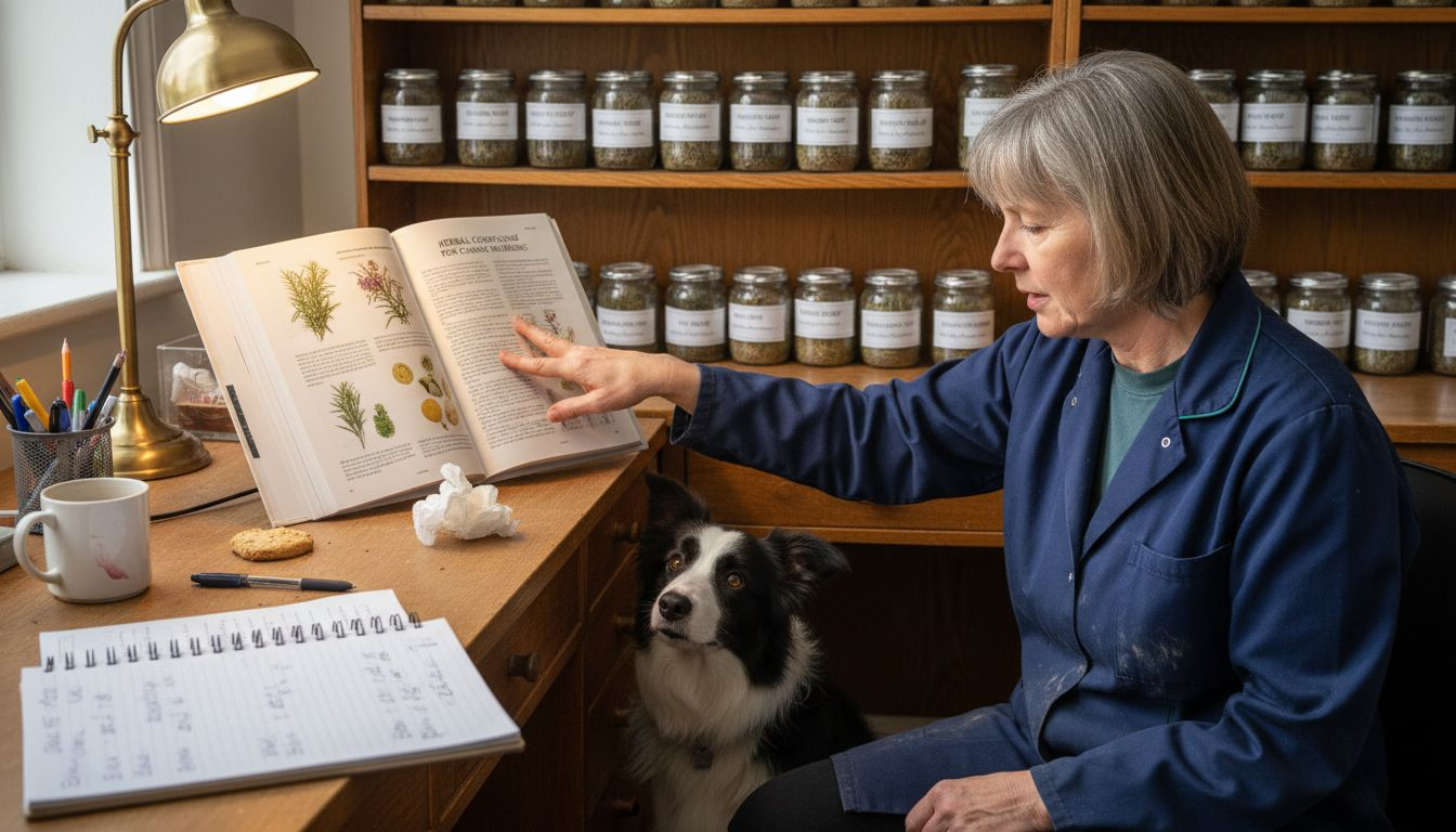 Vet showing herb benefits to dog