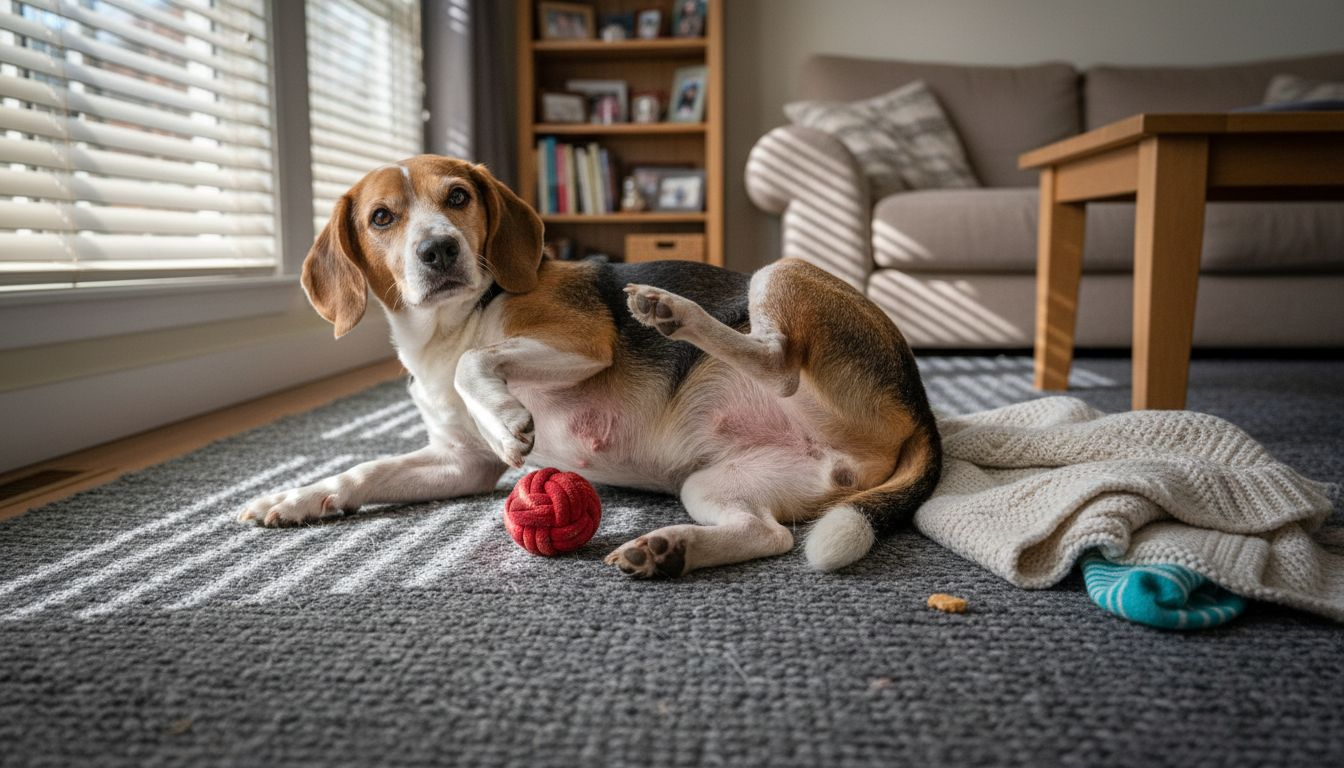 Dog scratching irritated skin on living room rug