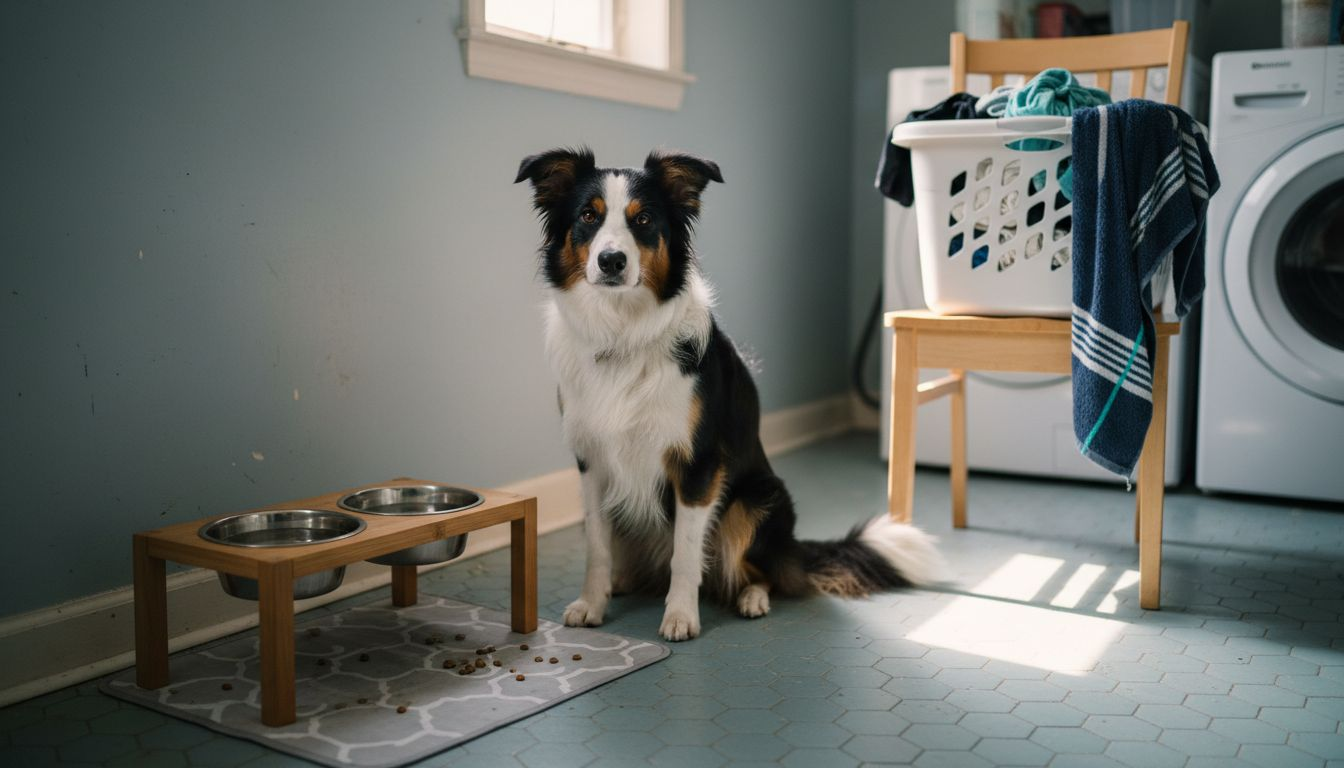 Dog eating from raised bowl in laundry room