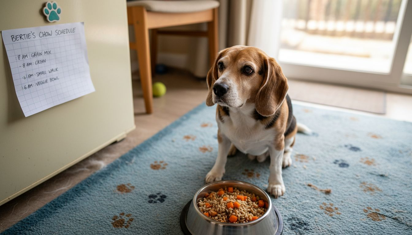 Dog and bowl of whole grains beside window