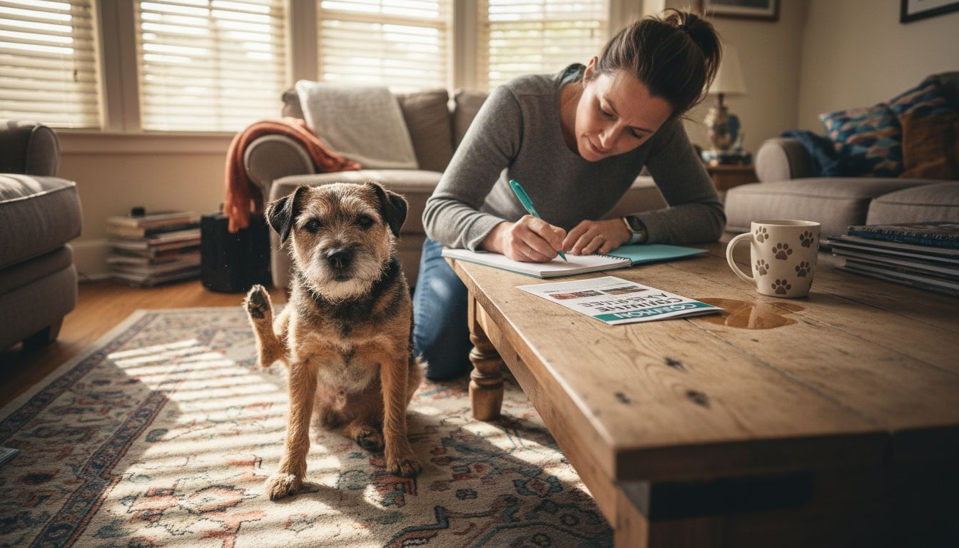 Dog scratching with owner taking notes