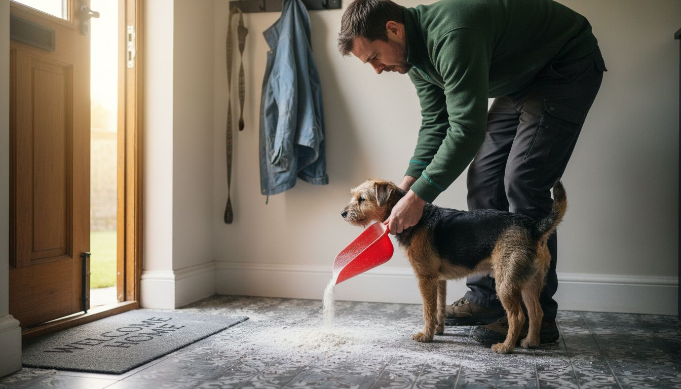 Man spreading diatomaceous earth near dog