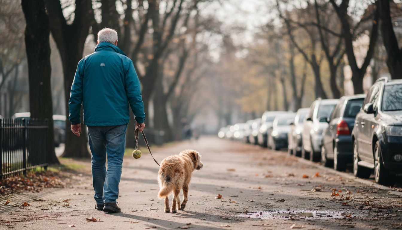 Senior walking adopted dog outdoors