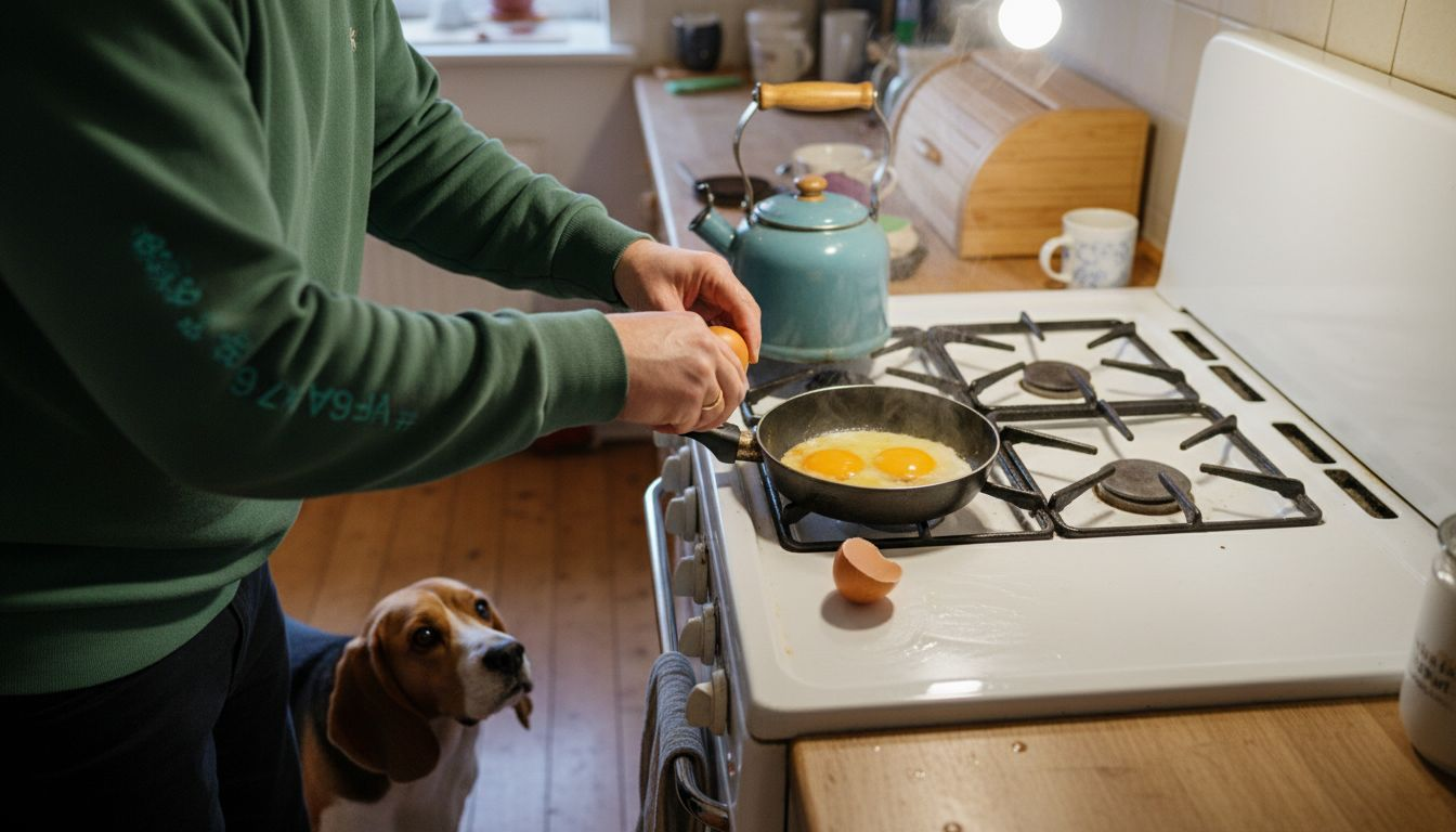 Person boiling eggs for a curious beagle