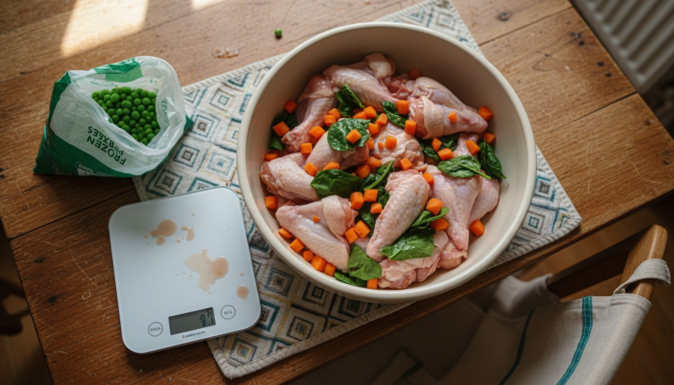 Raw ingredients for BARF diet in bowl
