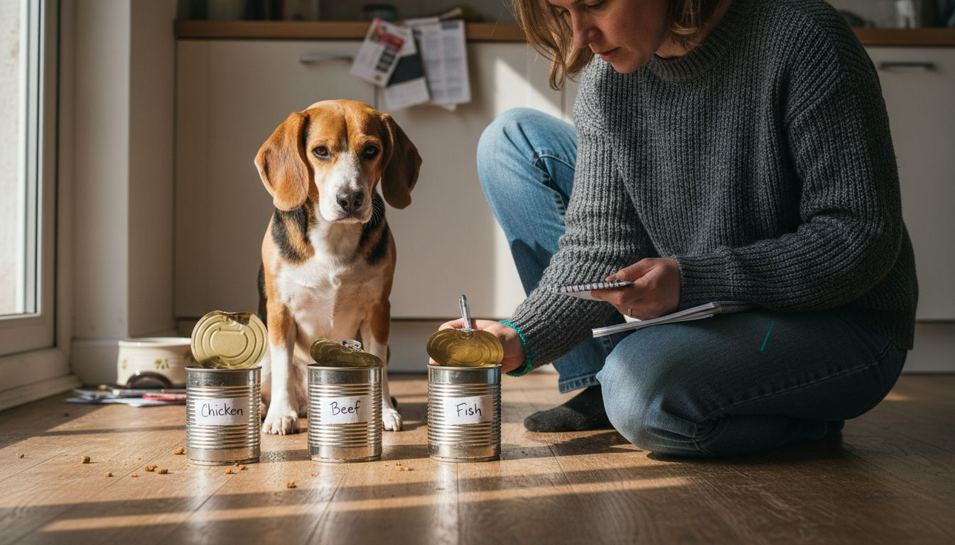 Dog owner checking food allergens at home