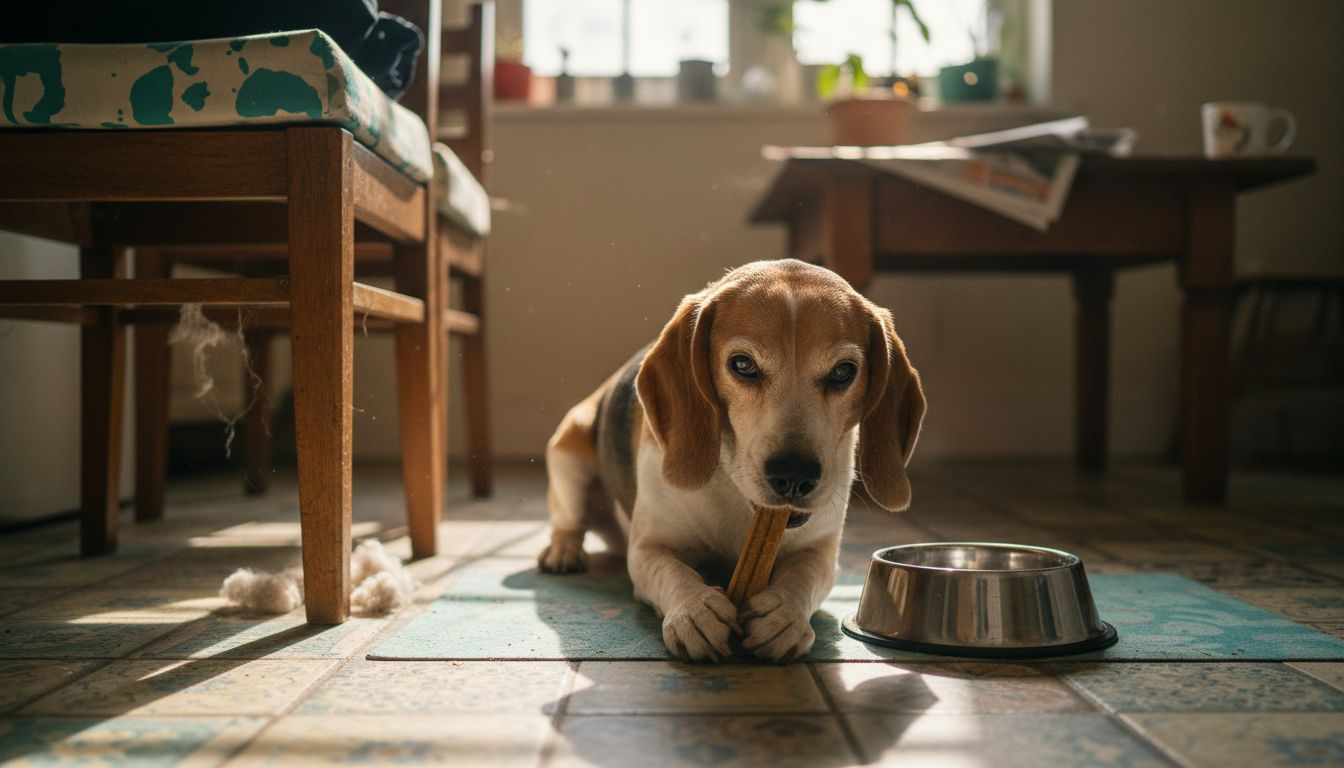 Beagle gnawing on dental chew in kitchen