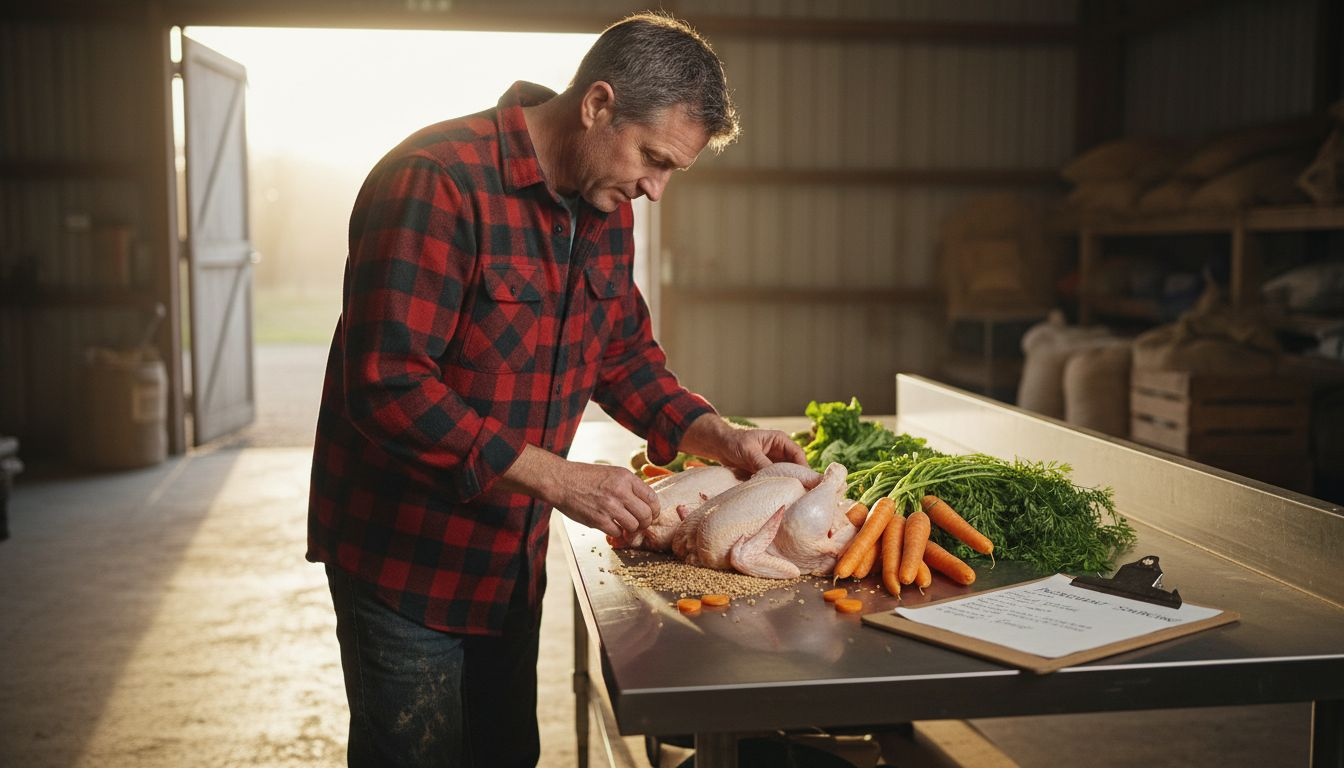 Dog food ingredients on farm table
