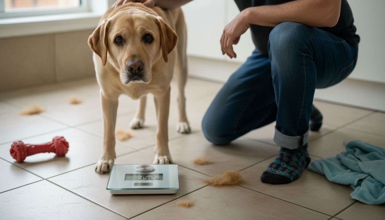 Owner checks dog’s weight on home scale