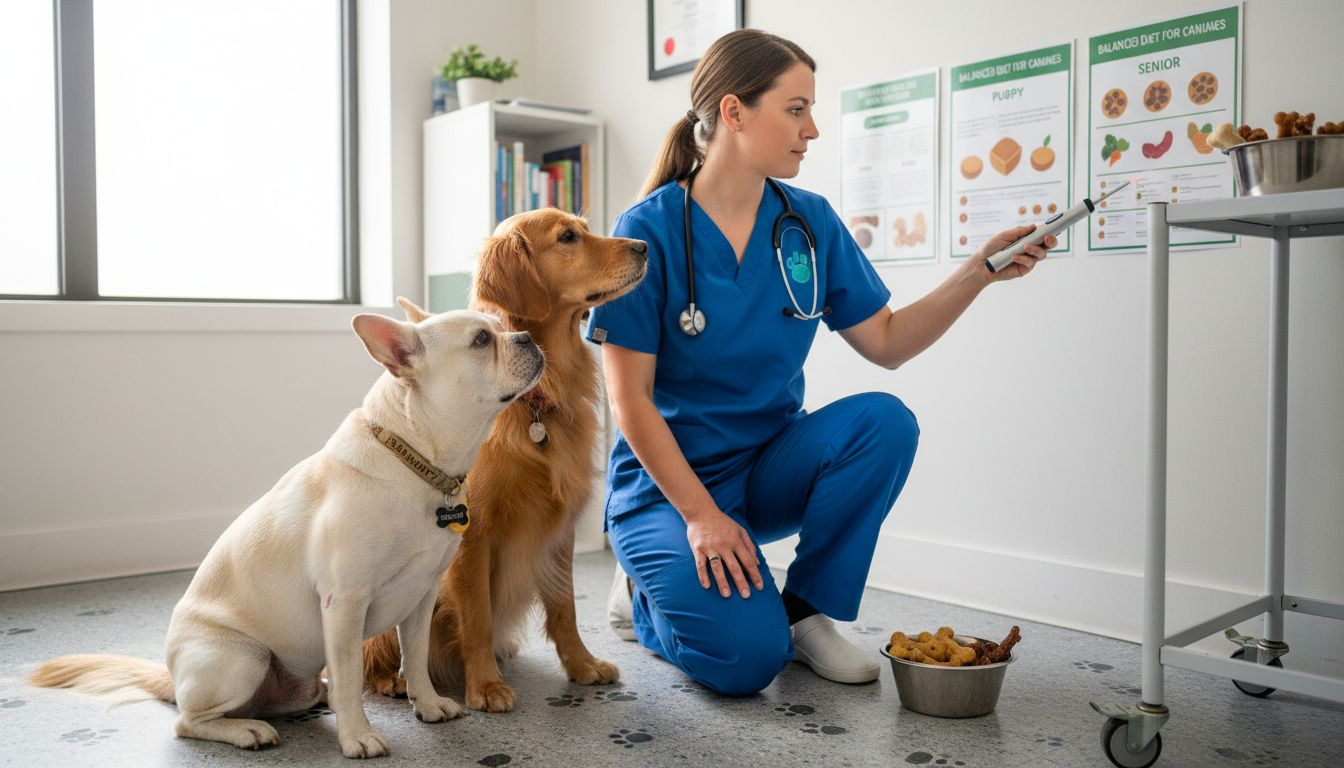 Vet showing nutritional charts to dogs