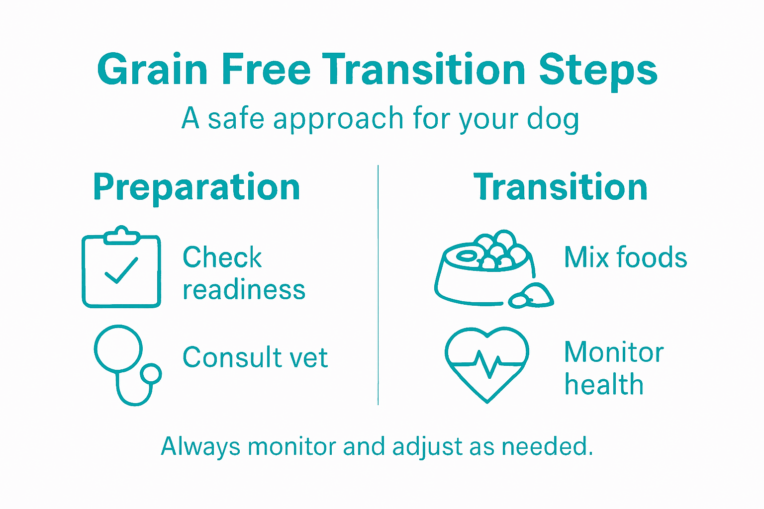 Infographic of key grain free transition steps for dogs