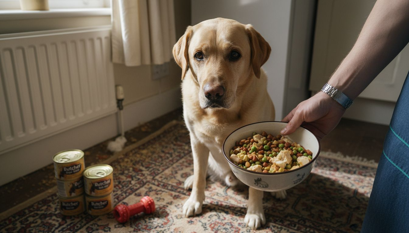 Labrador waiting for balanced meal in kitchen