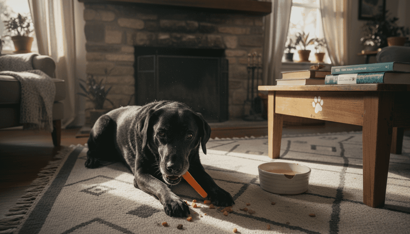 Senior dog relaxing with healthy treats