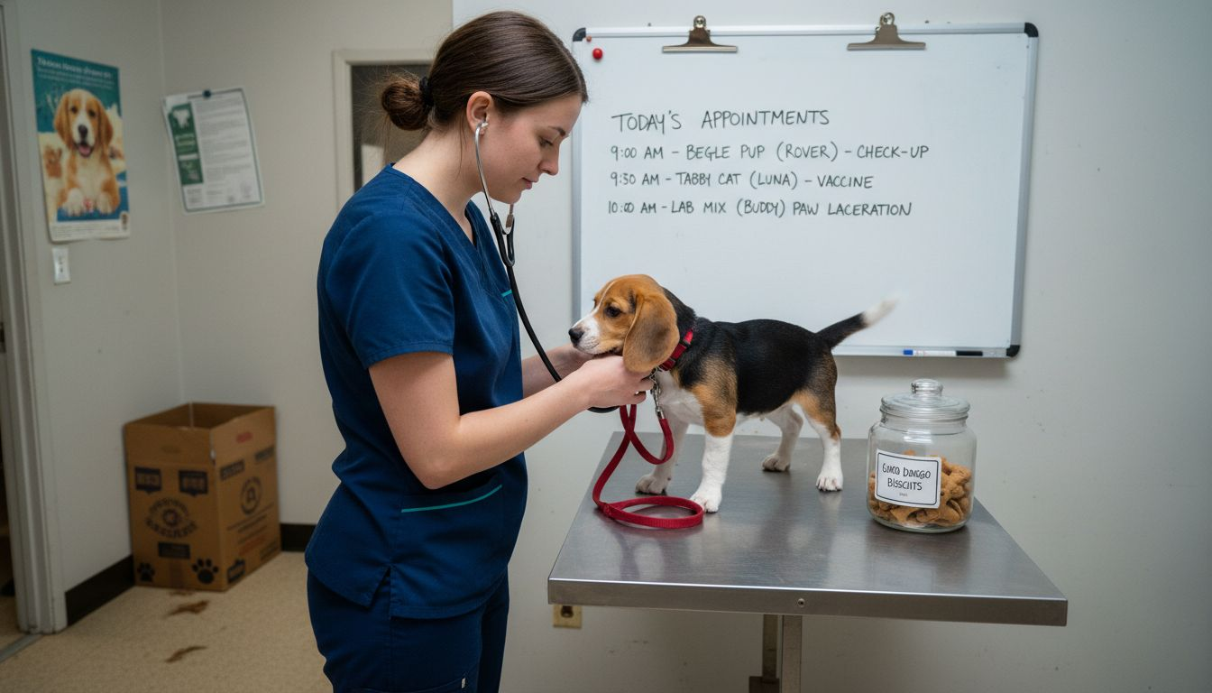 Veterinarian examining puppy for digestive health