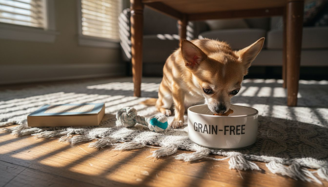 Chihuahua eating grain-free dog food on rug