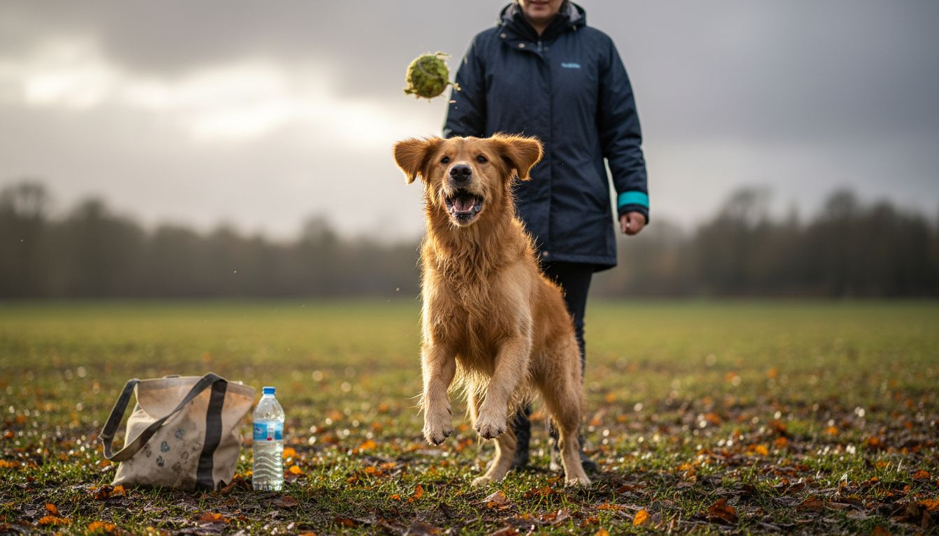 Healthy golden retriever leaps for ball