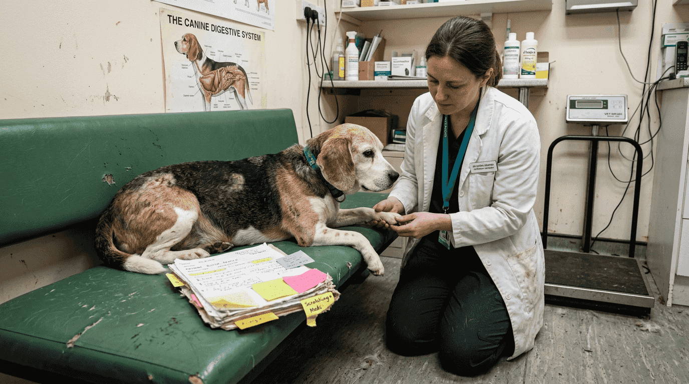 Veterinarian examines beagle for allergies