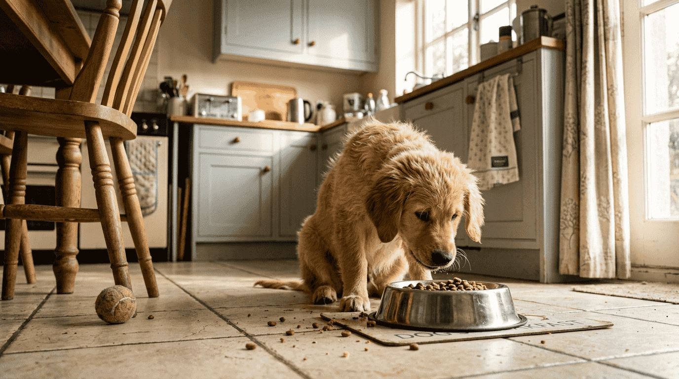 Dog enjoying grain-free food at home