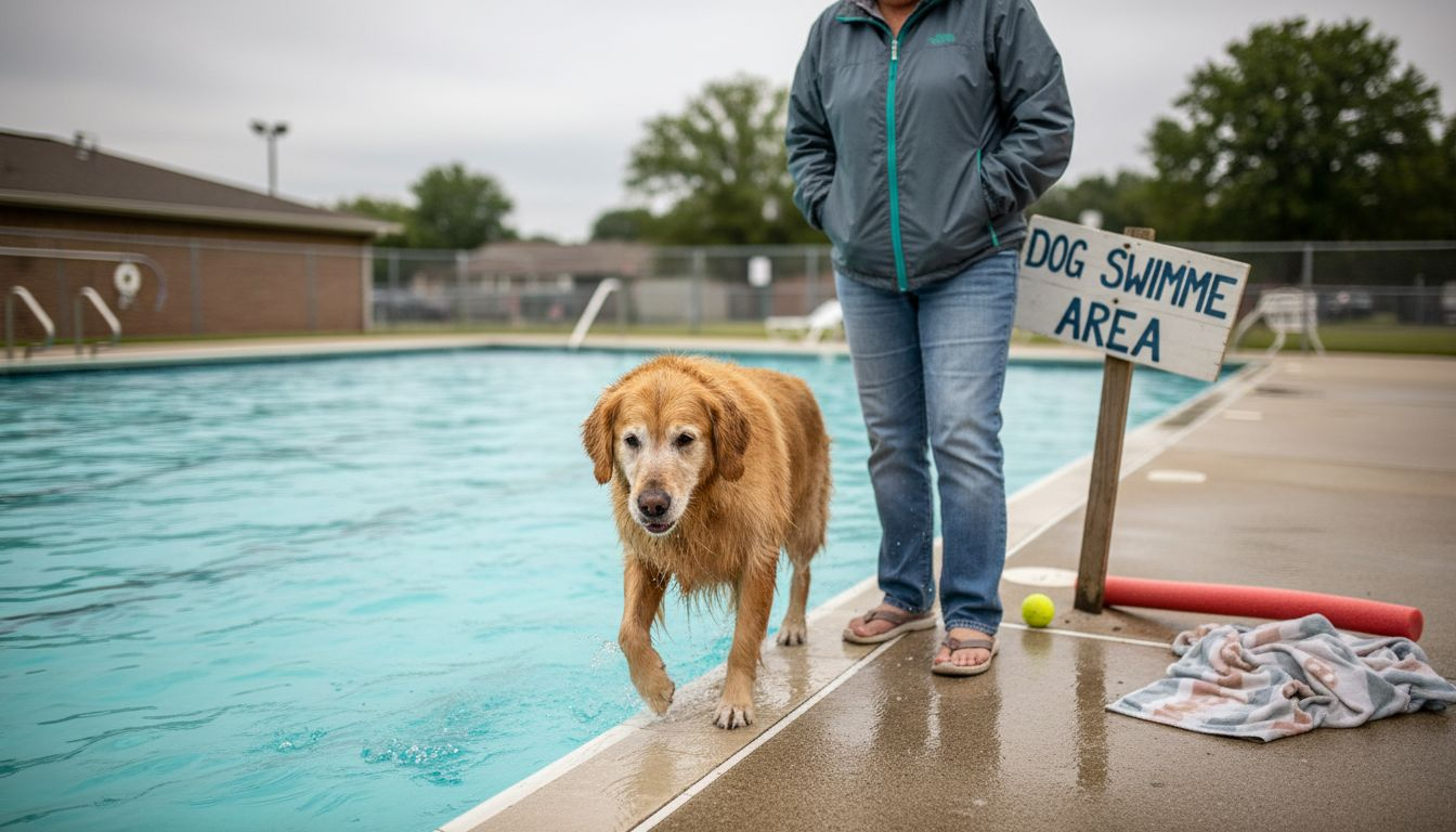 Senior dog swimming with owner nearby