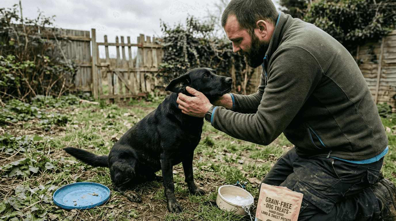 Man checking dog for food sensitivities