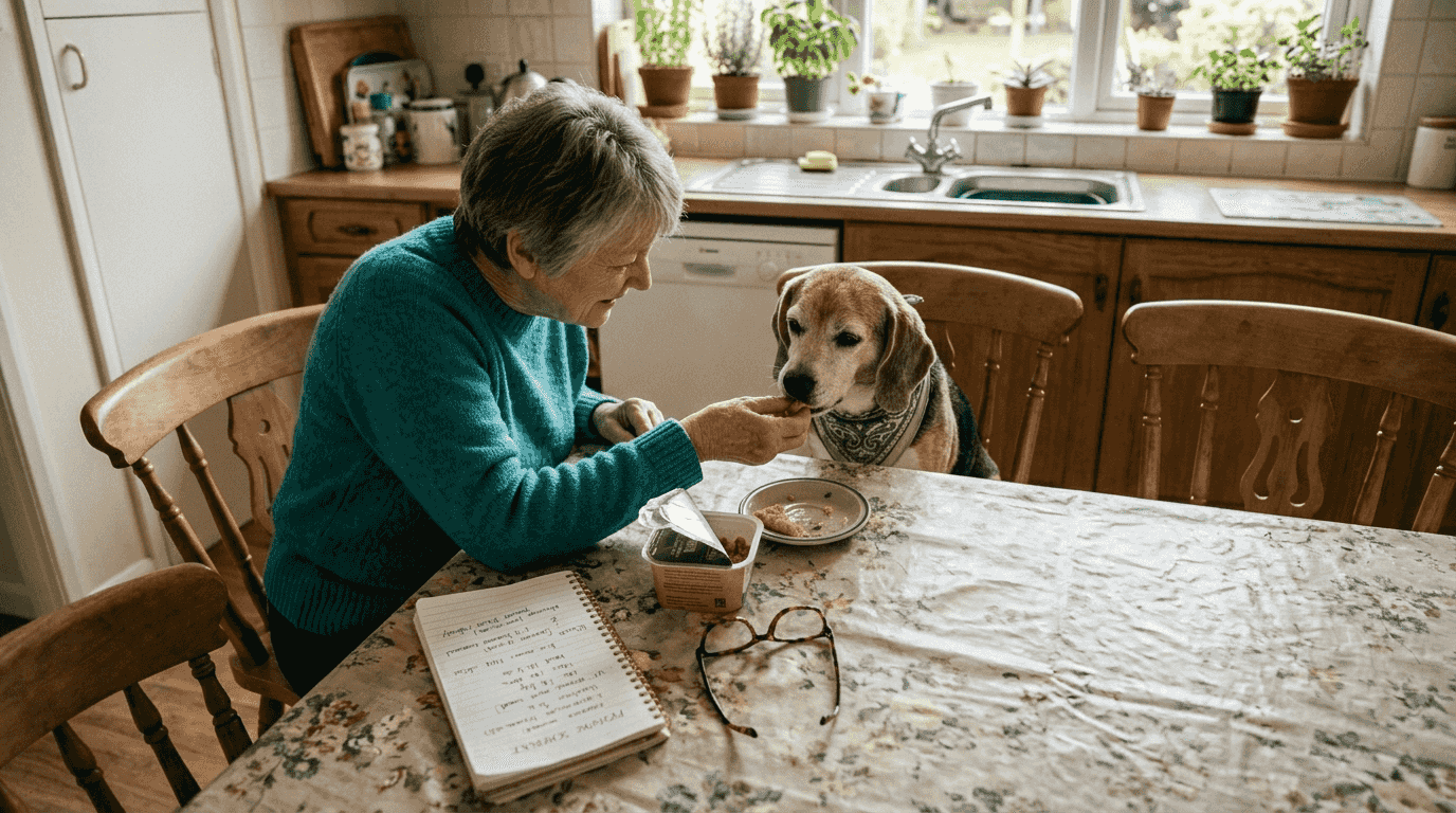 Owner feeding senior dog healthy meal