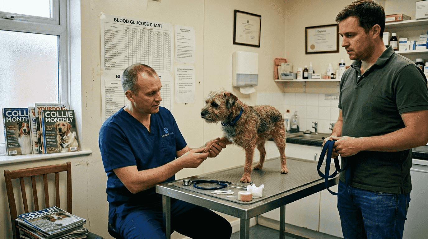 Vet examining dog’s paw during clinic visit