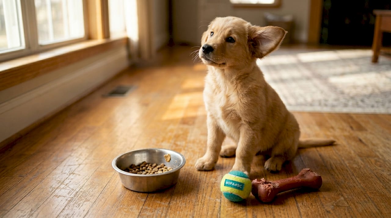 Puppy eating from dog bowl on kitchen floor