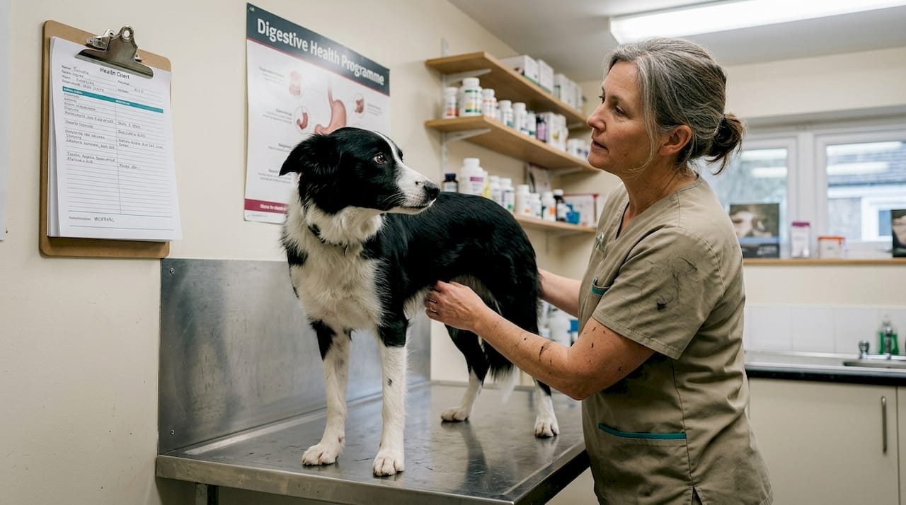 Vet checking healthy dog for digestive health