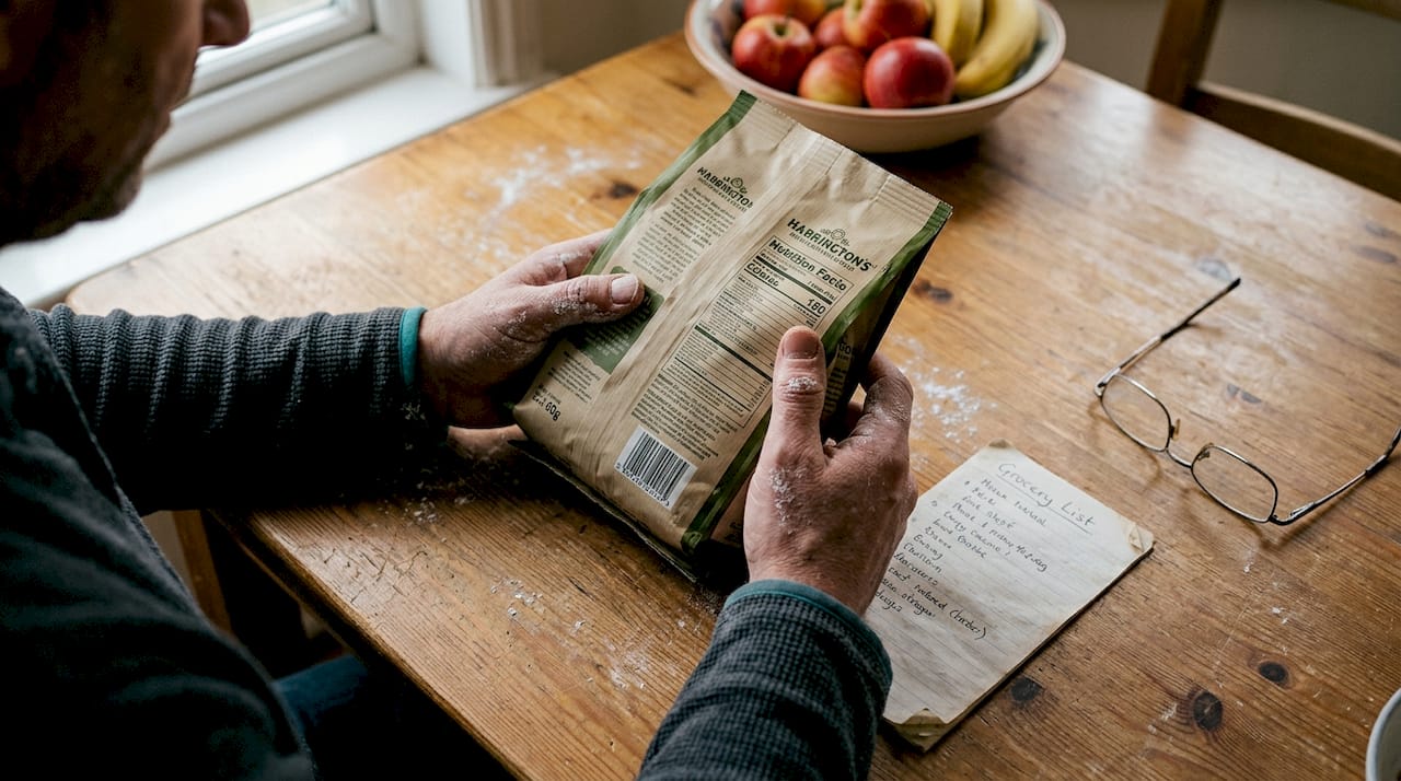 Closeup hands reading dog food ingredients
