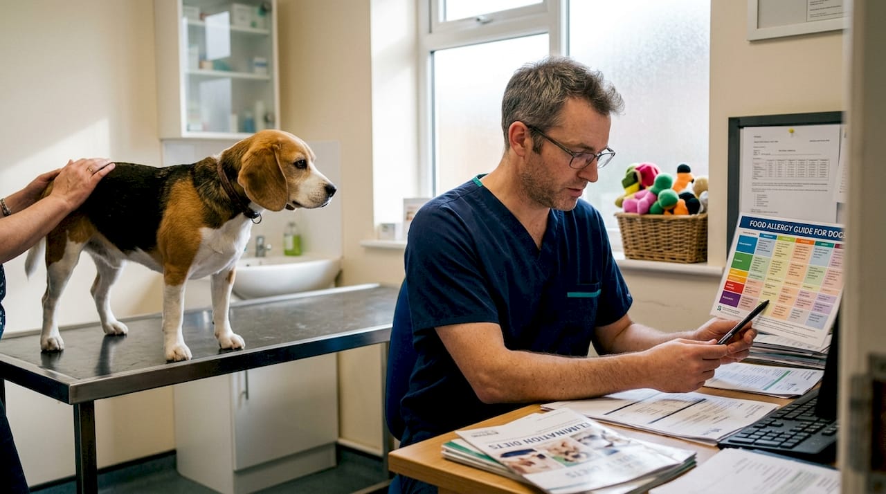 Veterinarian explains dog allergy chart to owner