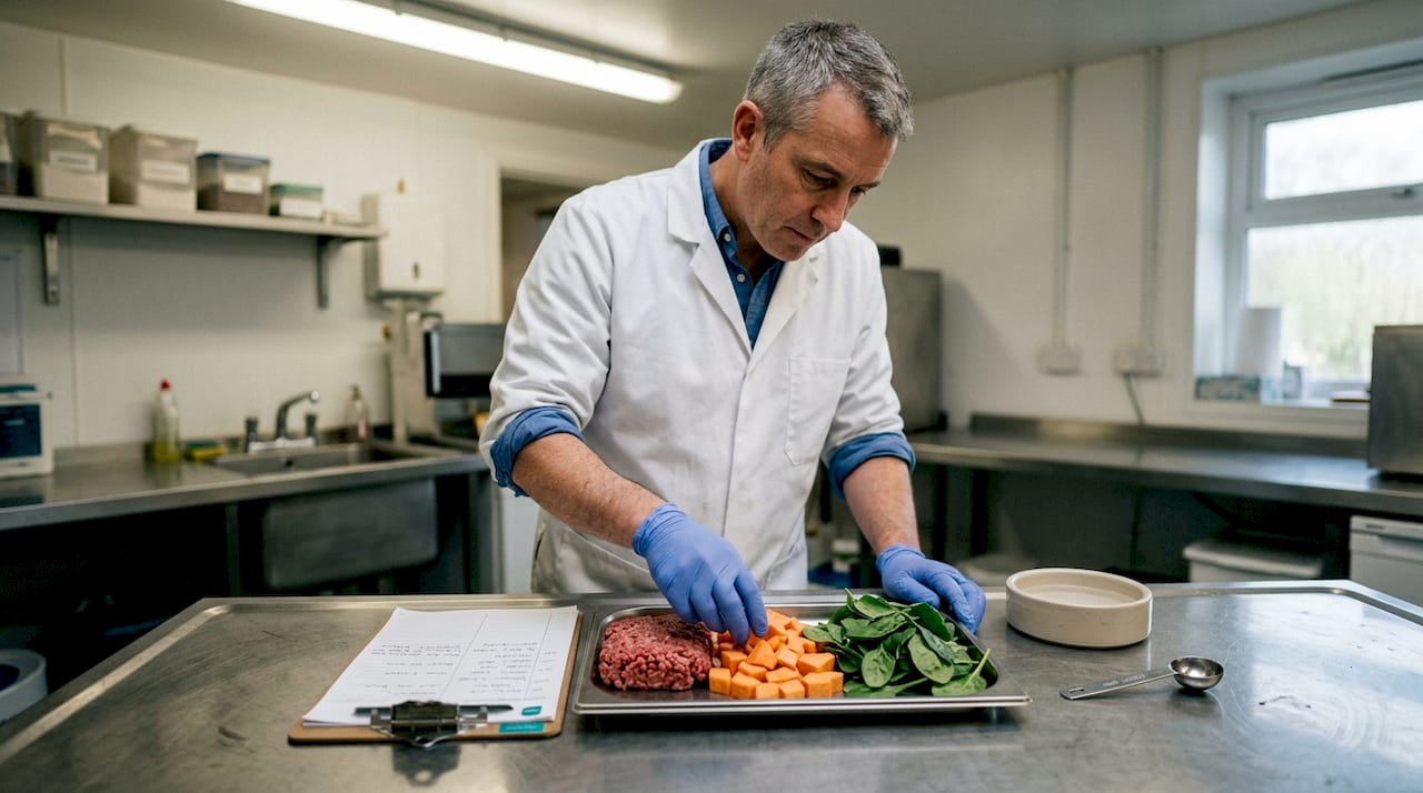 Veterinarian inspecting fresh pet food ingredients