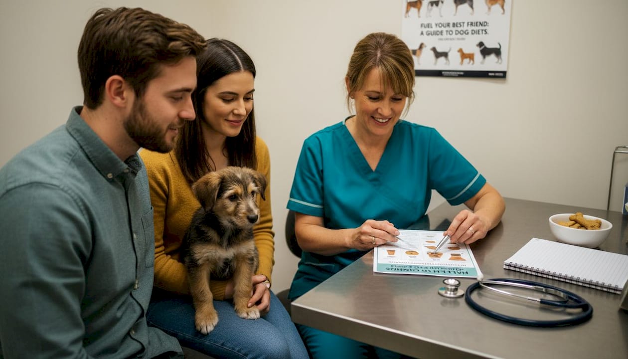 Vet explaining puppy diet to owners