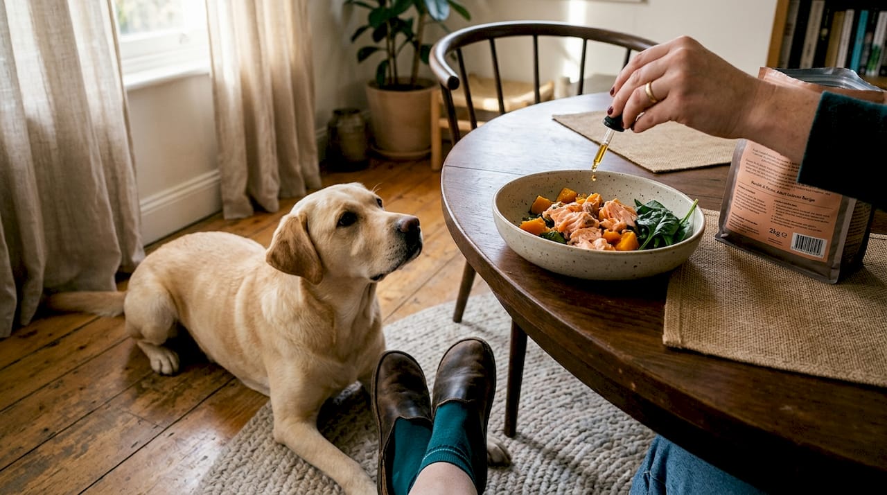 Owner adds fish oil to dog food blend
