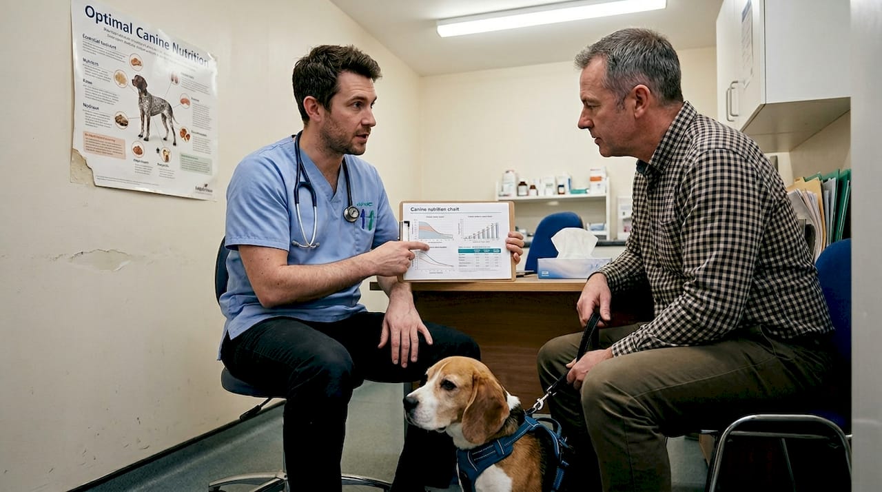 Vet and owner discussing dog nutrition chart