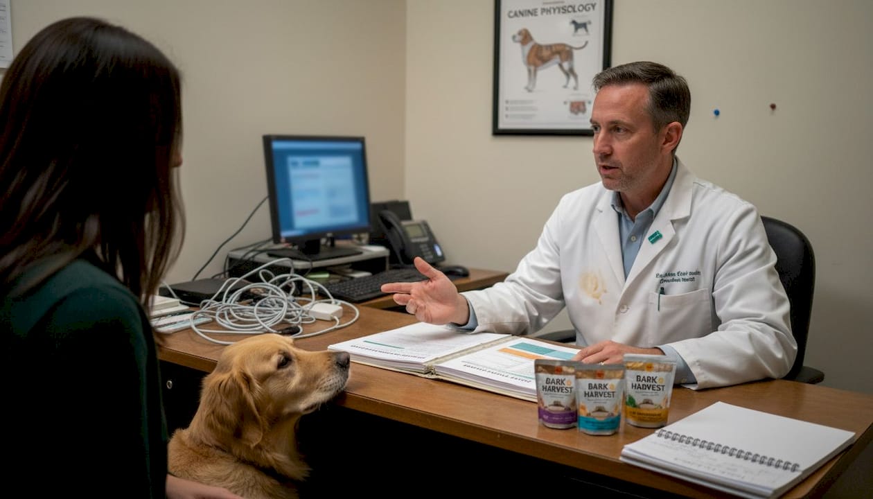 Veterinarian explains dog nutrition options to owner