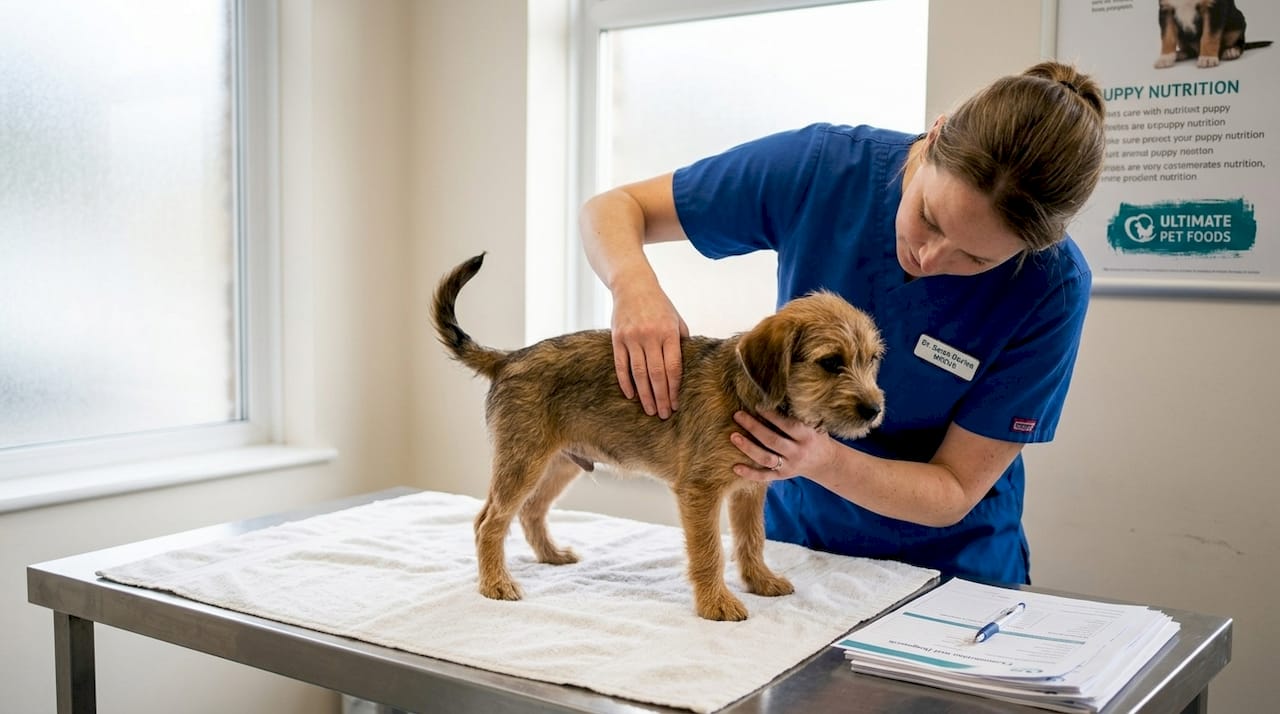 Vet checking healthy puppy during exam