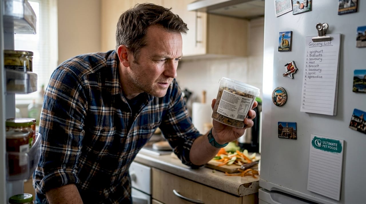 Man inspects tub of clear packaged dog food
