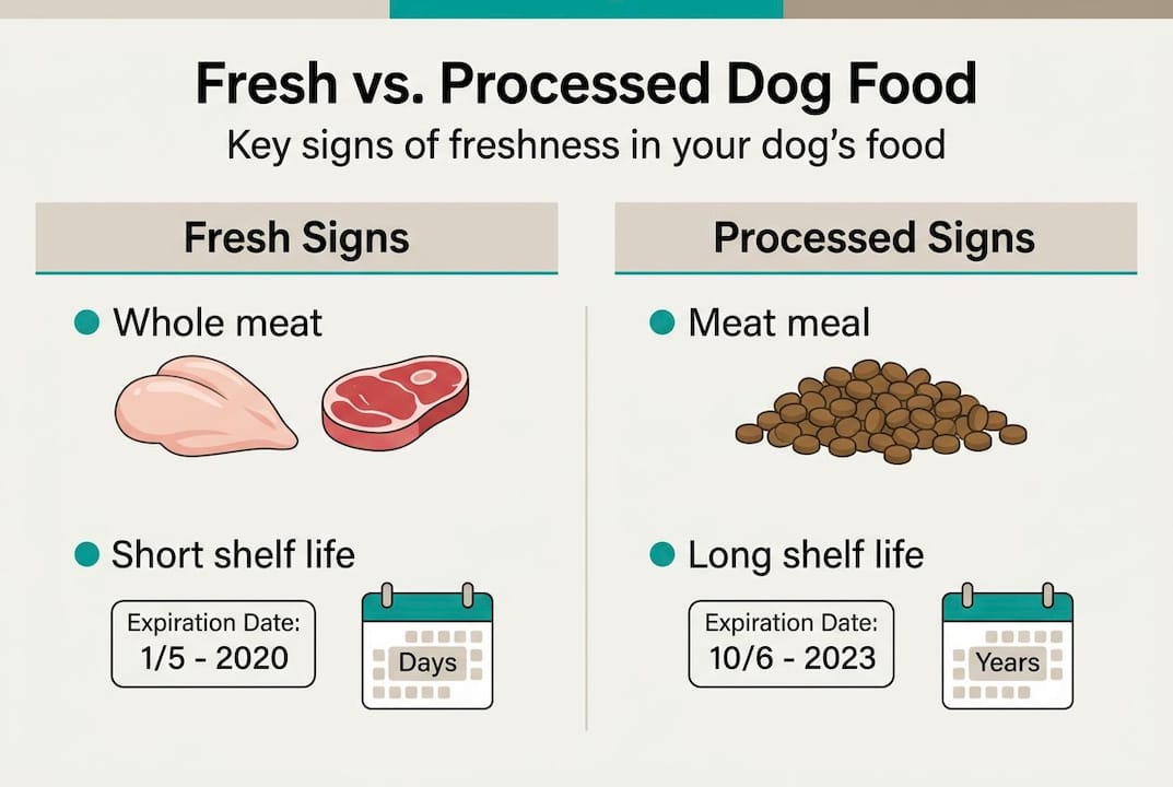 Infographic comparing signs of fresh and processed dog food