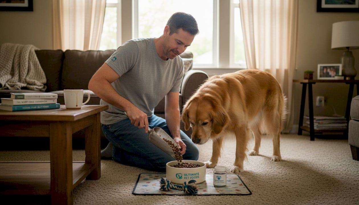 Feeding premium dog food in lived-in living room