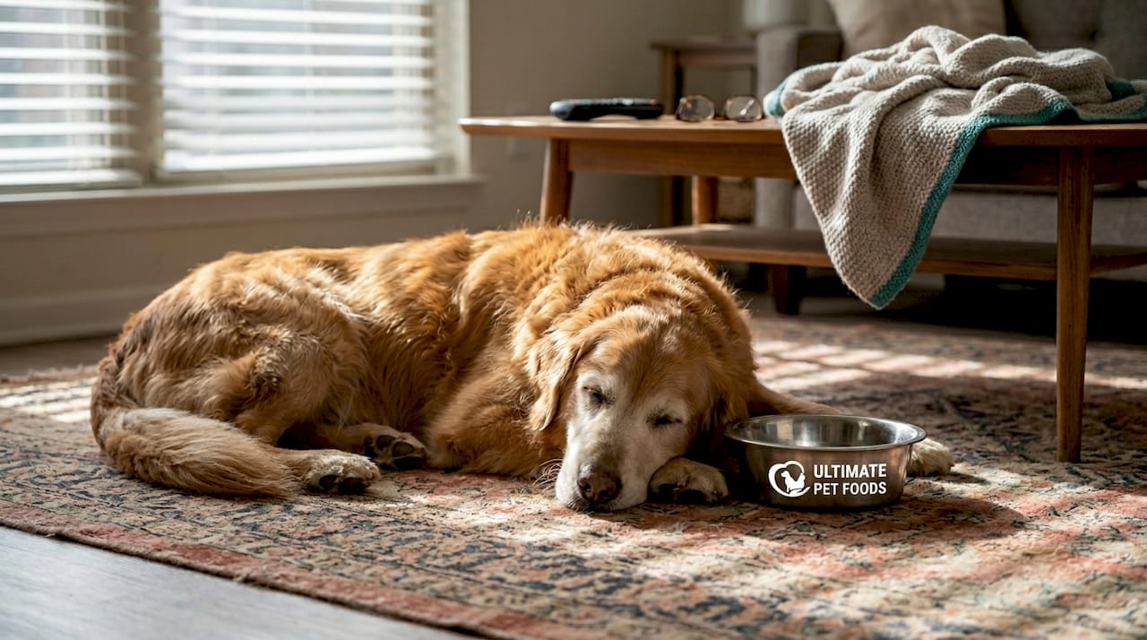 Senior golden retriever napping at home