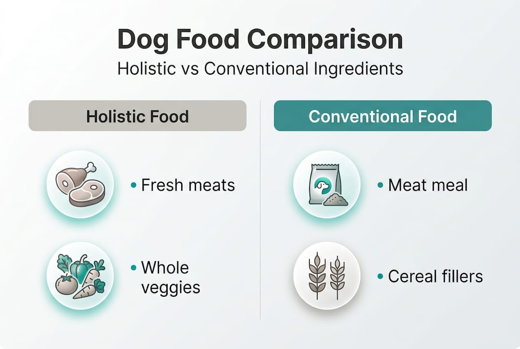 Infographic comparing holistic and conventional dog food