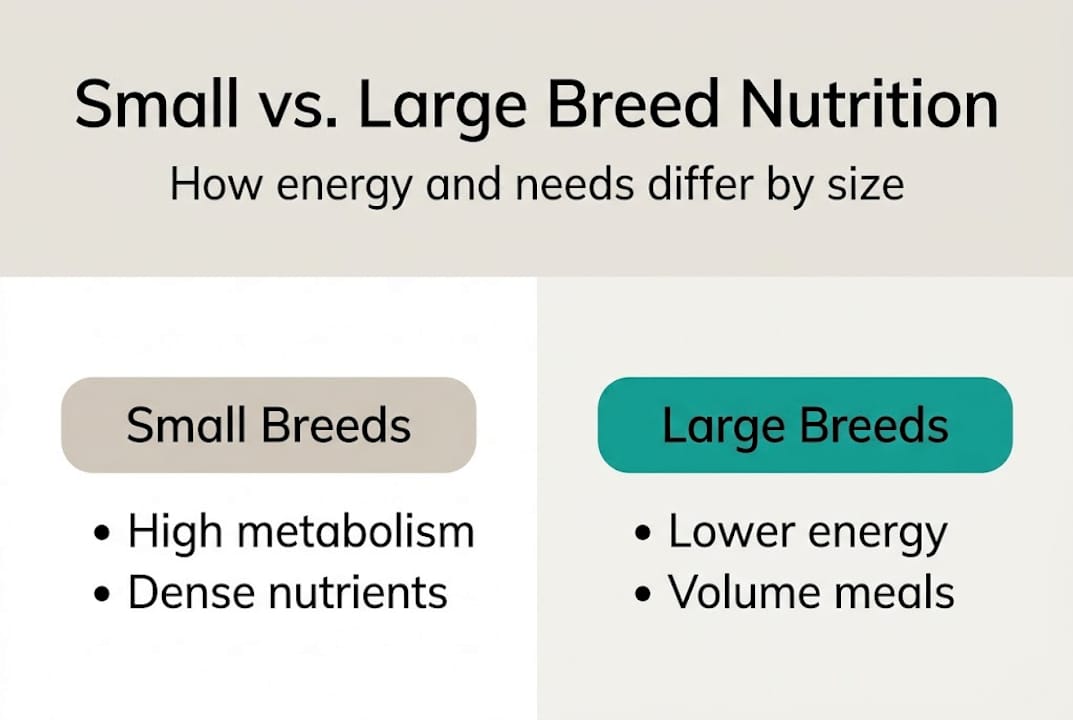 Infographic comparing small and large breed nutrition