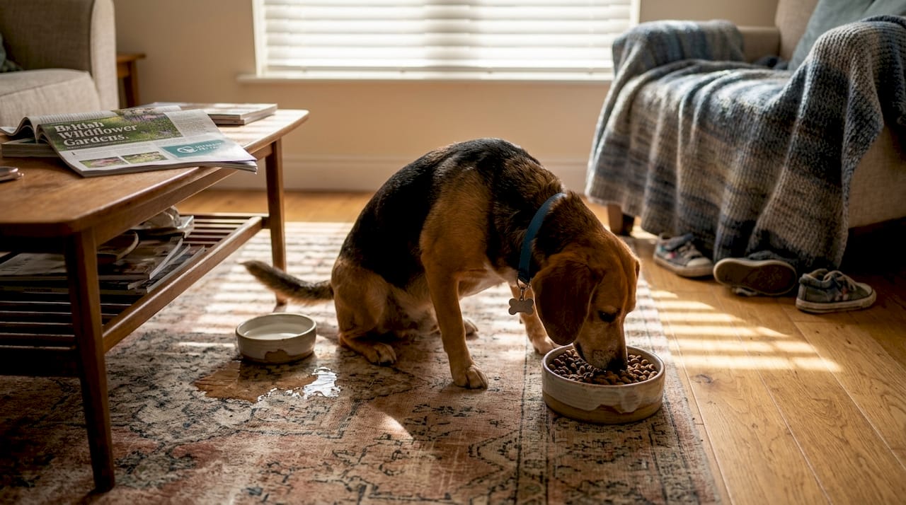 Dog eating plant-based food in living room